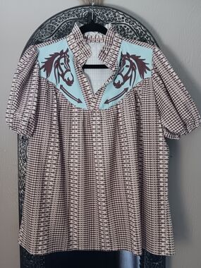 🐴 Ladies Western-Inspired Check Shirt with Horse Yoke - Brown & Light Blue! 2XL